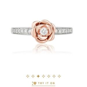 Rose Gold and Silver Disney Belle Diamond Accent Ring with matching band.